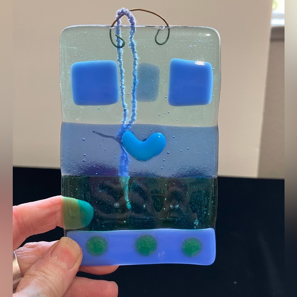 Blue Heart” Original Design Fused Art Glass Hanging Plaque 5”x3.5”Sm suncatcher